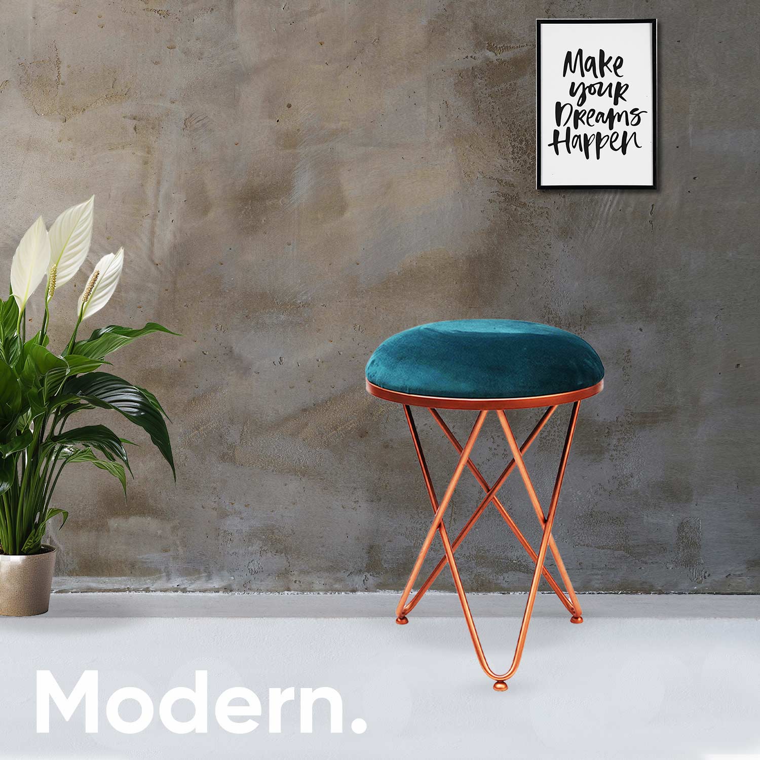 Ultra-modern Cross Leg Rose Gold Metal Stool in Teal Blue Cushion Set of 2