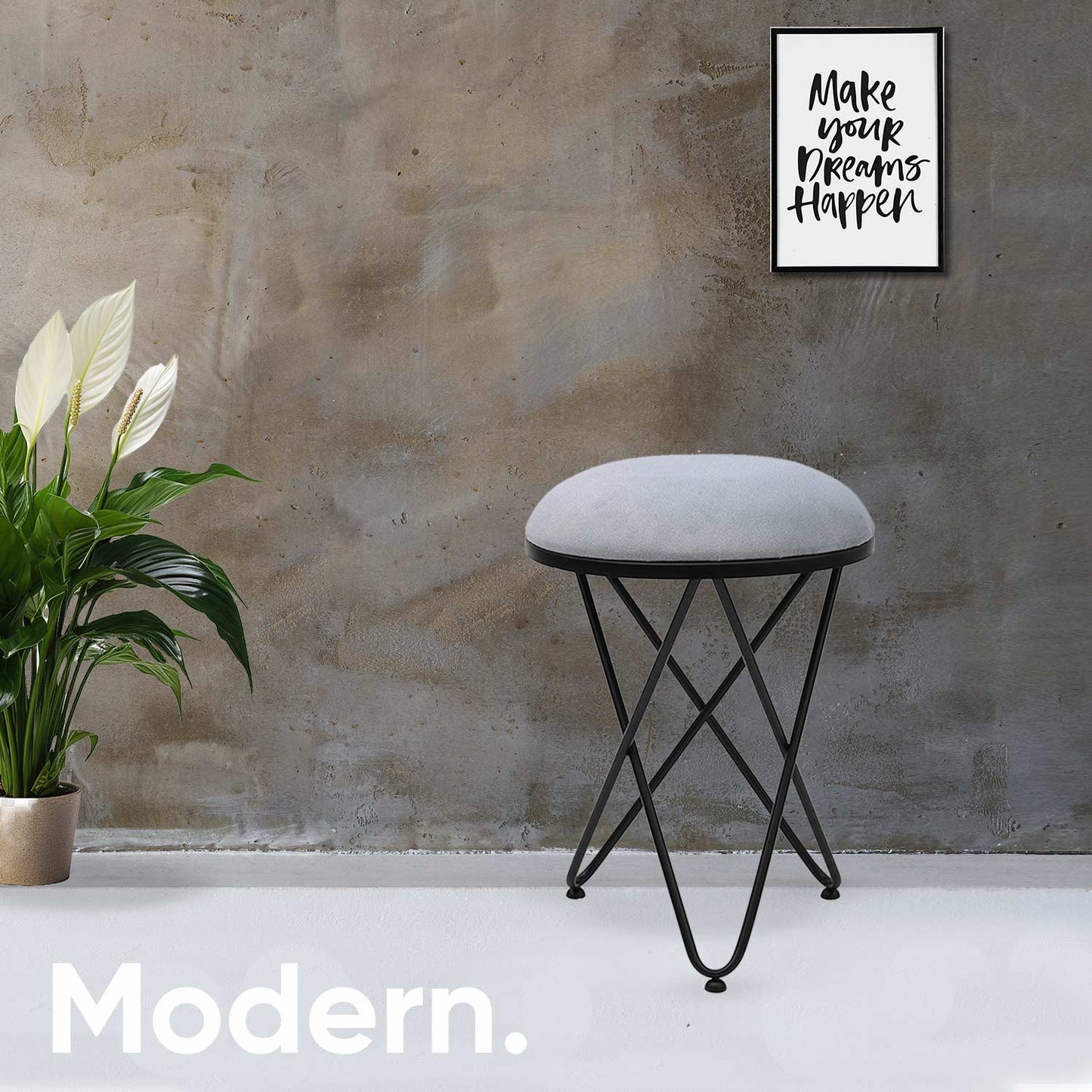 Ultra-modern Cross Leg Matt Black Metal Stool in Grey Cushion Set of 2