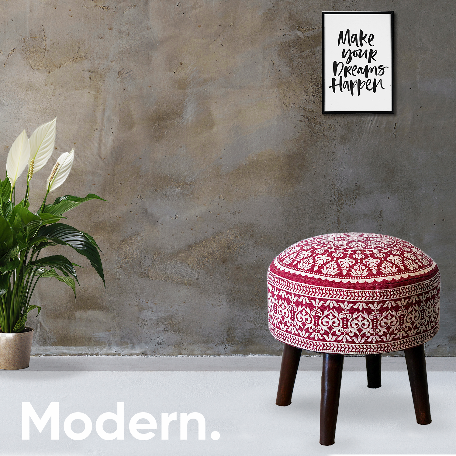 Mandala Wooden Ottoman in Cherry Red Color Set of 2