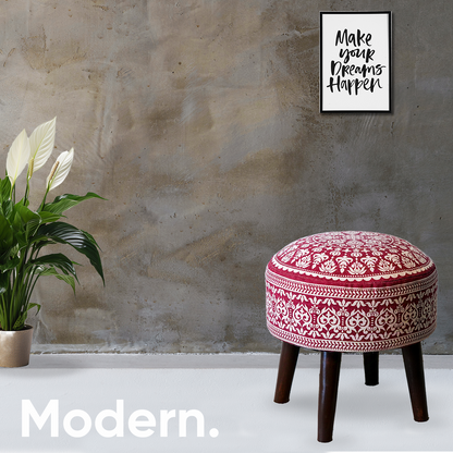 Mandala Wooden Ottoman in Cherry Red Color Set of 2
