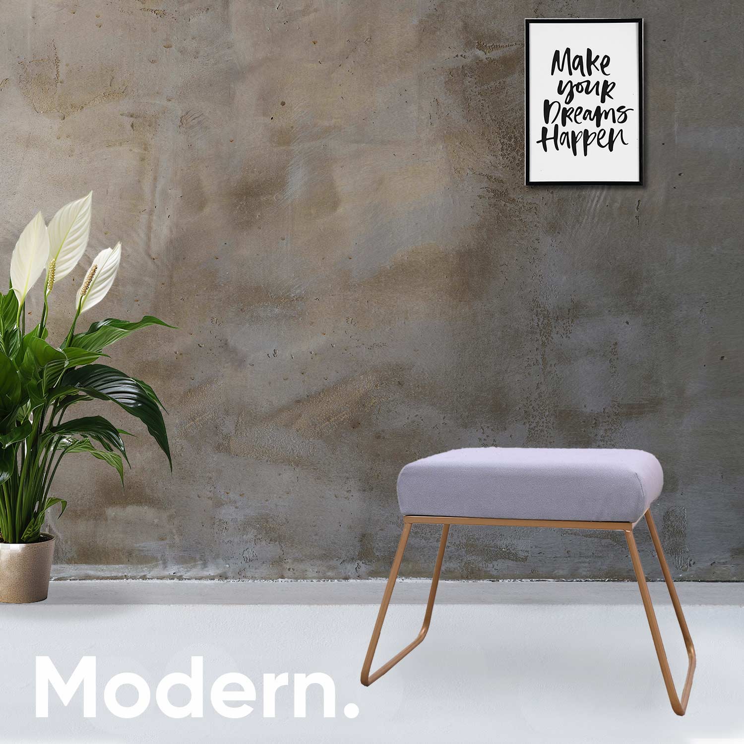Classy and Compact Golden Metal Stool in Grey Cushion