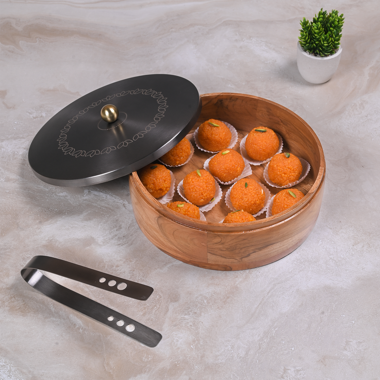 Greetwood GunMetal Lotus Wooden Chapati Box for Kitchen