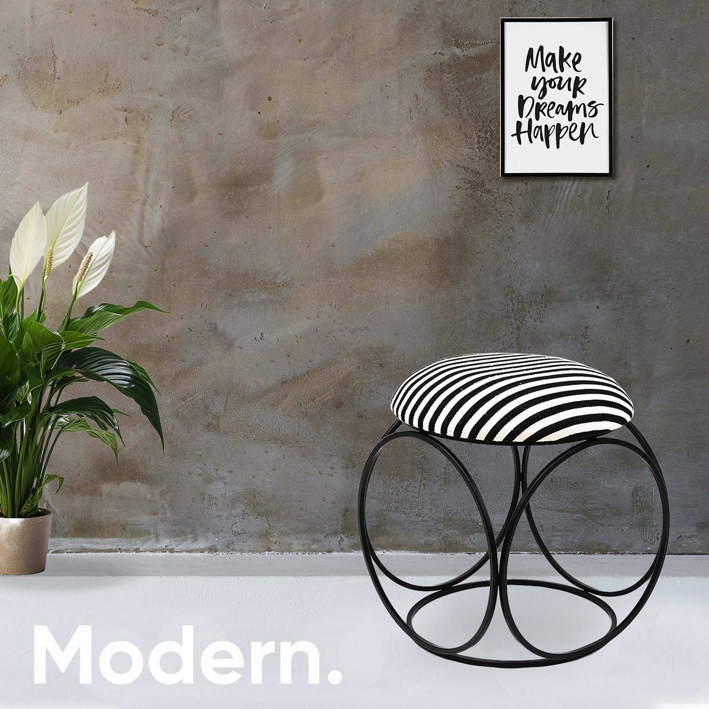 Modern Hexa-Style Matt Black Metal Stool in Black &amp; White Stripe