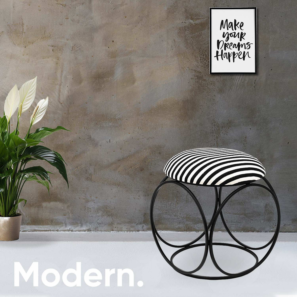 Modern Hexa-Style Matt Black Metal Stool in Black &amp; White Stripe