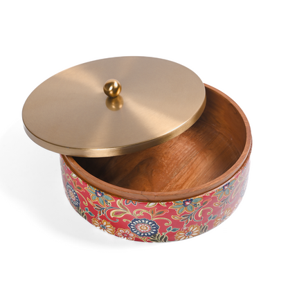 Greetwood Brass Lid Wooden Chapati Box for Kitchen in Red Print