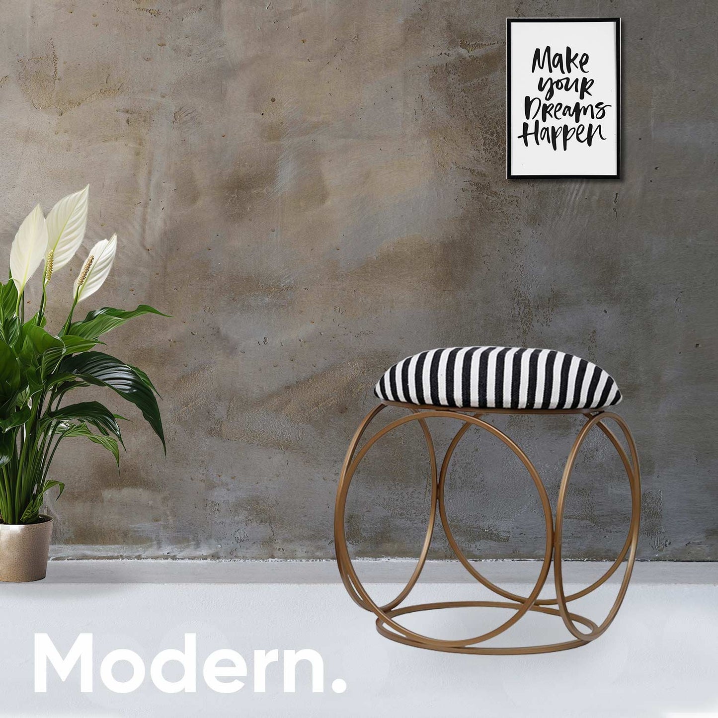 Modern Hexa-Style Golden Metal Stool in Black &amp; White Stripe Set of 2