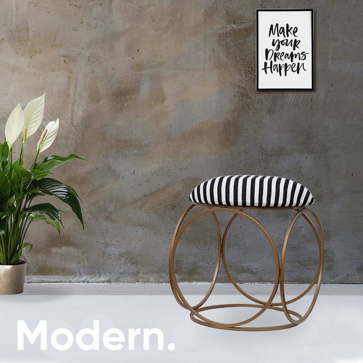 Modern Hexa-Style Golden Metal Stool in Black &amp; White Stripe Set of 2