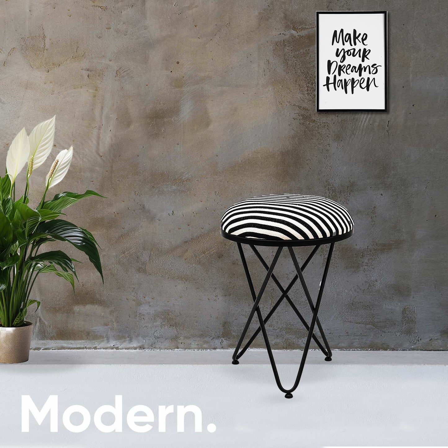 Ultra-modern Cross Leg Matt Black Metal Stool in Black &amp; White Stripe Set of 2