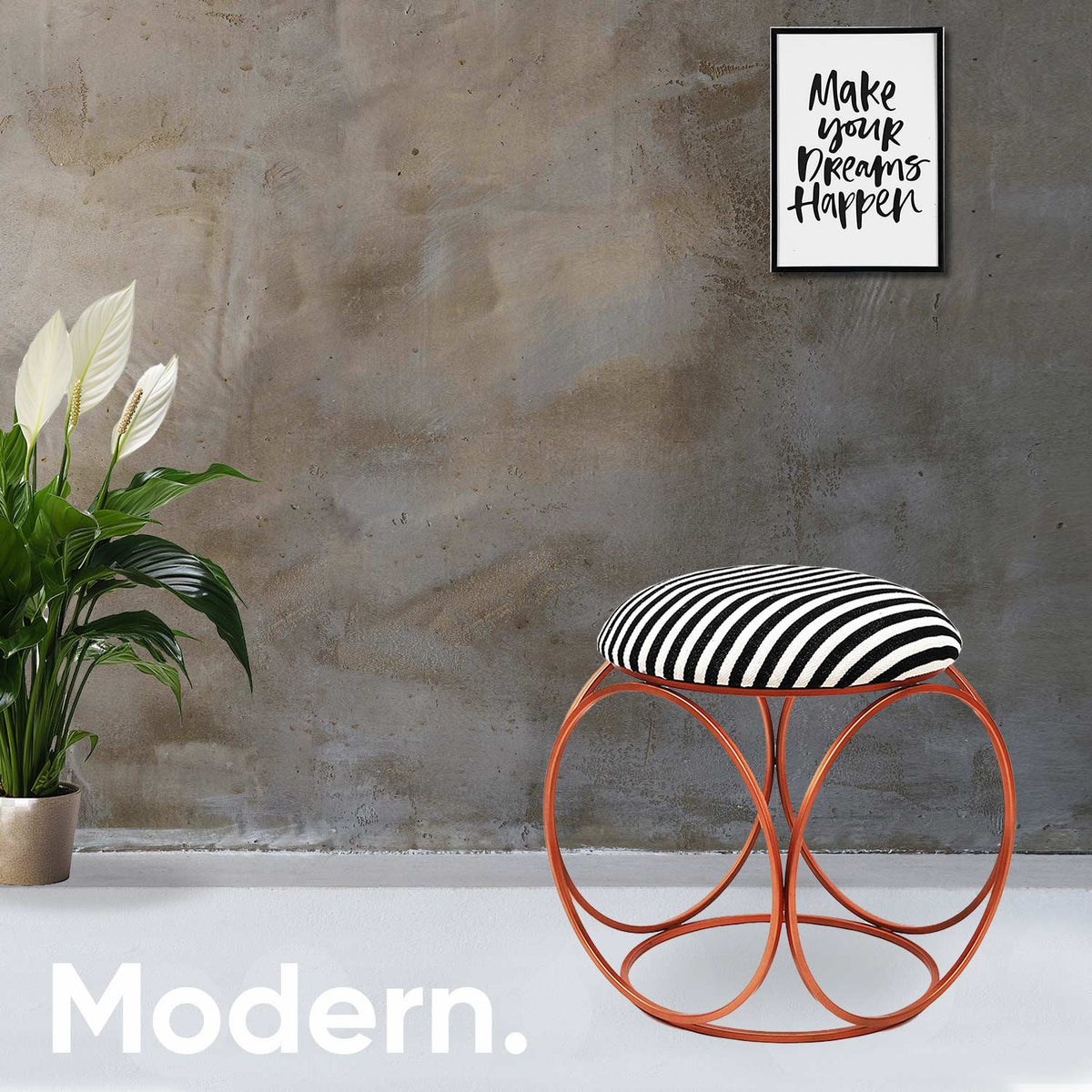 Modern Hexa-Style Rose Gold Metal Stool in Black &amp; White Stripe Set of 2