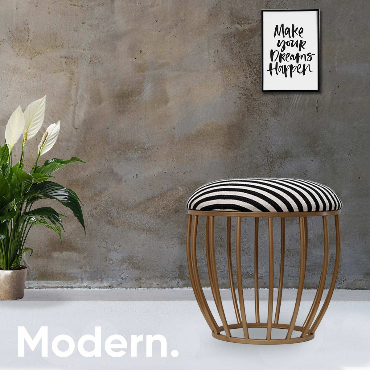 Classic Cage-Style Golden Metal Stool in Black &amp; White Stripe Set of 2