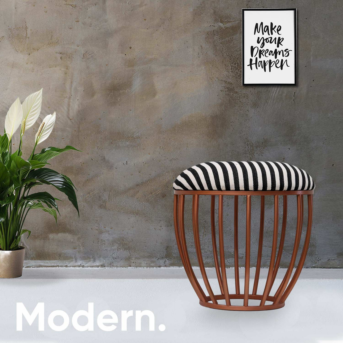 Classic Cage-Style Rose Gold Metal Stool in Black &amp; White Stripe Set of 2