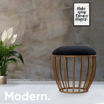 Classic Cage-Style Golden Metal Stool in Black Cushion Set of 2