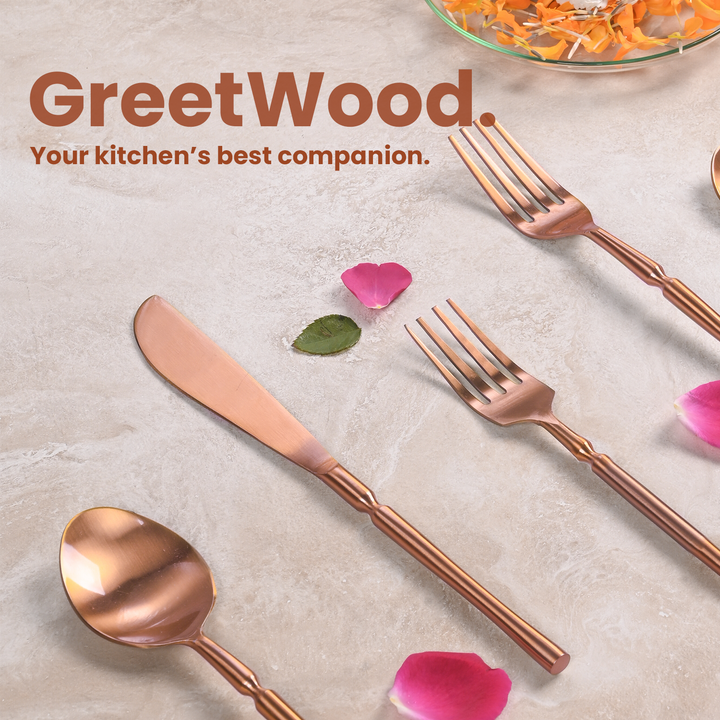 Greetwood Grooved Stainless Steel Cutlery Set for Dining Table in Copper