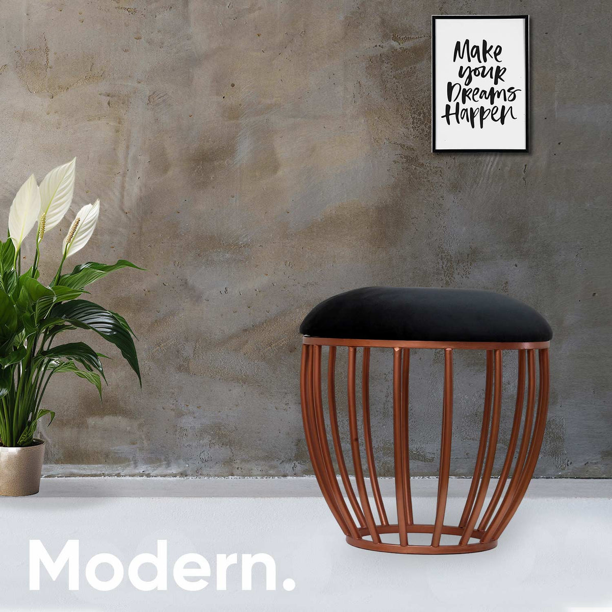 Classic Cage-Style Rose Gold Metal Stool in Black Cushion Set of 2
