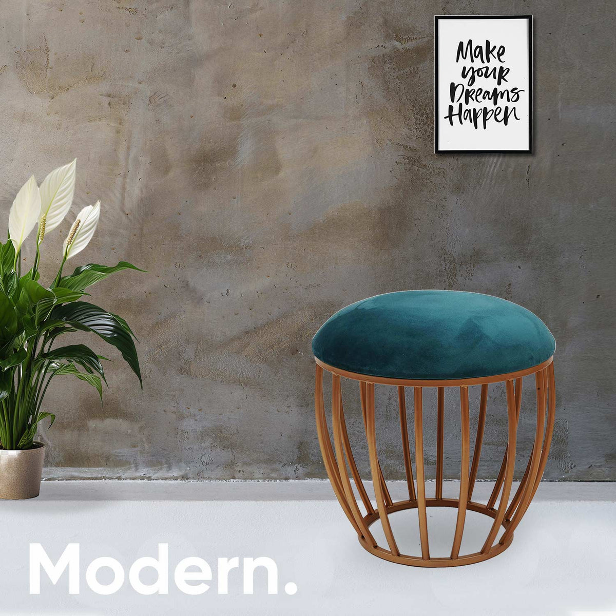 Classic Cage-Style Golden Metal Stool in Teal Blue Cushion Set of 2