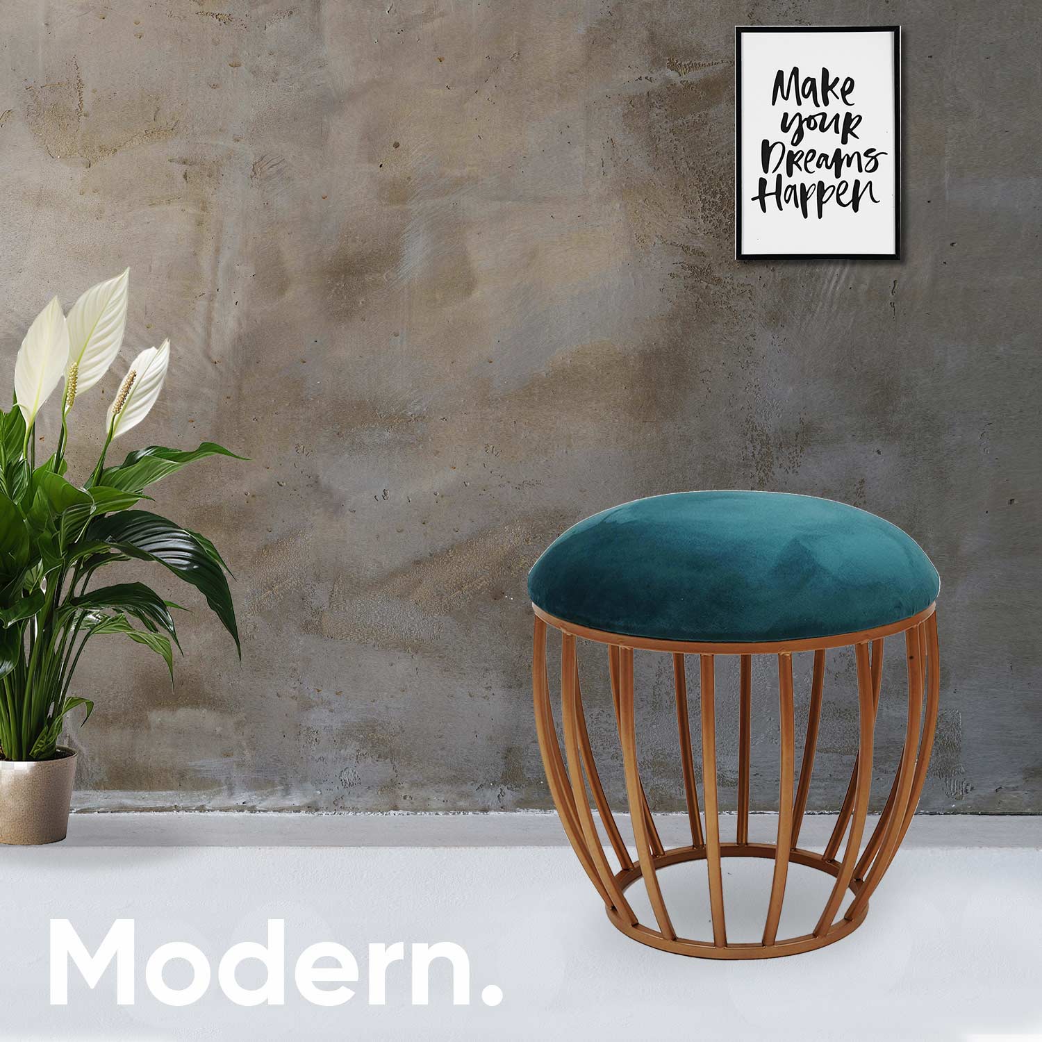 Classic Cage-Style Golden Metal Stool in Teal Blue Cushion Set of 2