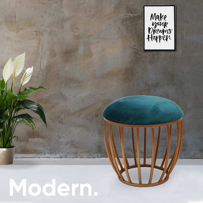 Classic Cage-Style Golden Metal Stool in Teal Blue Cushion Set of 2