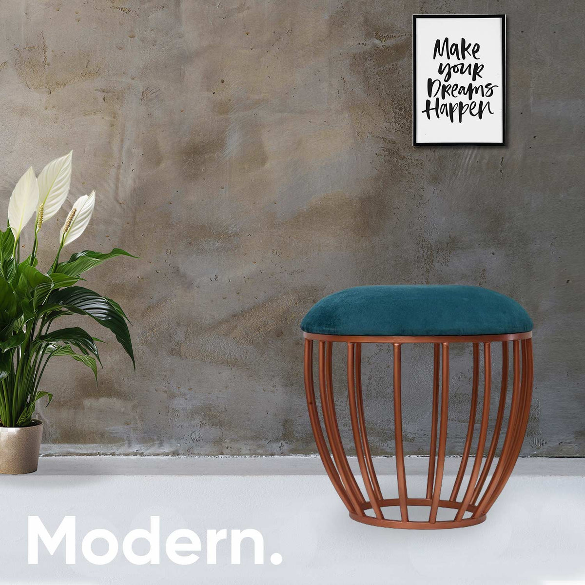 Classic Cage-Style Rose Gold Metal Stool in Teal Blue Cushion Set of 2