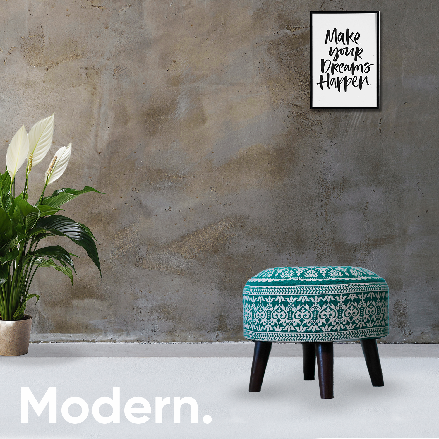 Contemporary Mandala Wooden Tuffet in Teal Blue Color