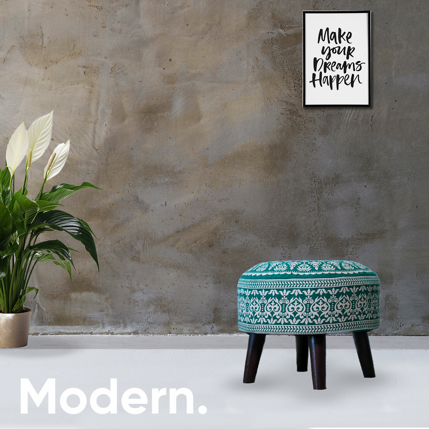 Contemporary Mandala Wooden Tuffet in Teal Blue Color Set of 2