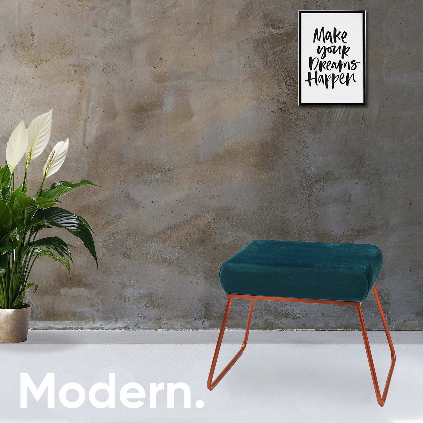 Classy and Compact Rose Gold Metal Stool in Teal Blue Cushion Set of 2