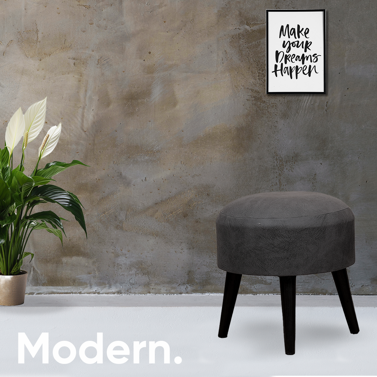 Contemporary Leather Wooden Tuffet in Grey Color Set of 2