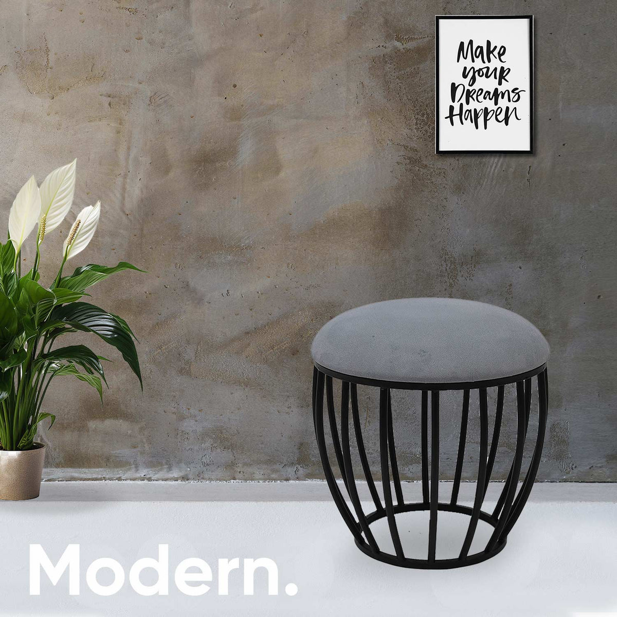 Classic Cage-Style Rose Matt Black Stool in Grey Cushion Set of 2