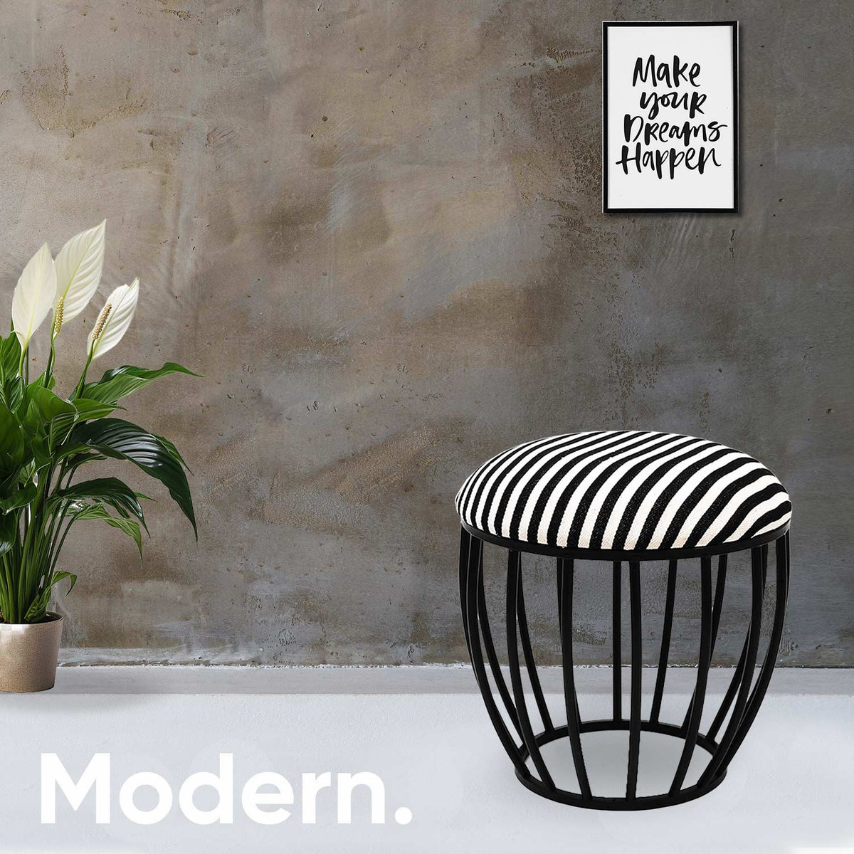 Classic Cage-Style Matt Black Metal Stool in Black &amp; White Stripe Set of 2