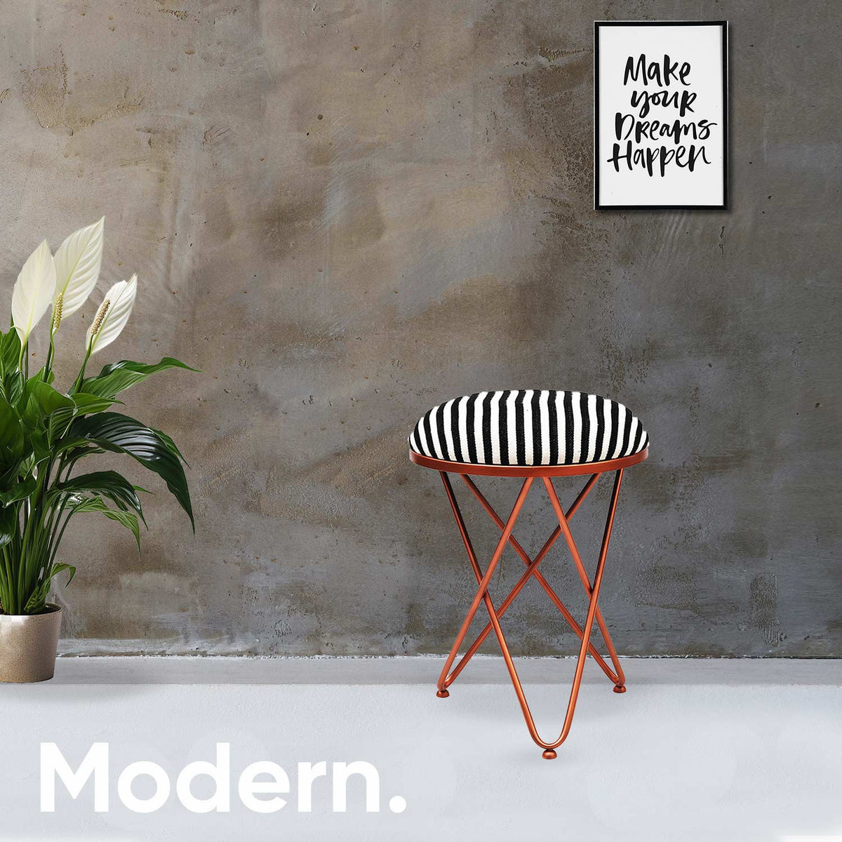 Ultra-modern Cross Leg Rose Gold Metal Stool in Black &amp; White Stripe