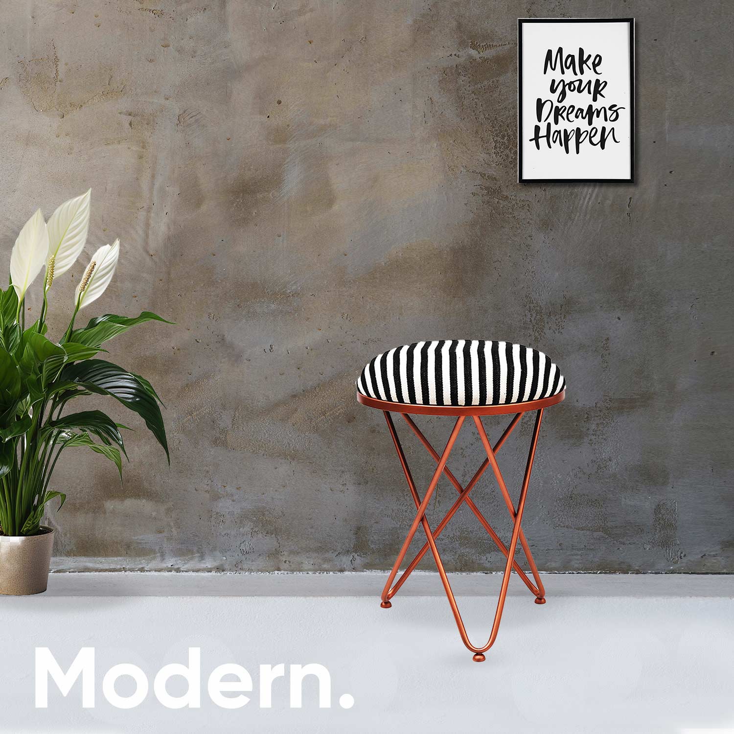 Ultra-modern Cross Leg Rose Gold Metal Stool in Black &amp; White Stripe