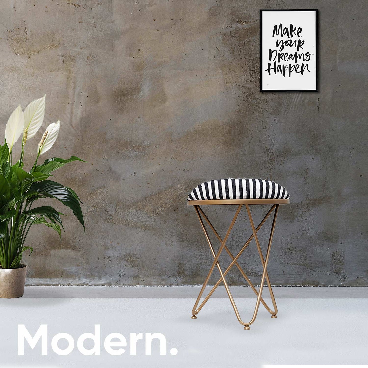 Ultra-modern Cross Leg Golden Metal Stool in Black &amp; White Stripe Set of 2