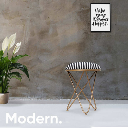 Ultra-modern Cross Leg Golden Metal Stool in Black &amp; White Stripe Set of 2