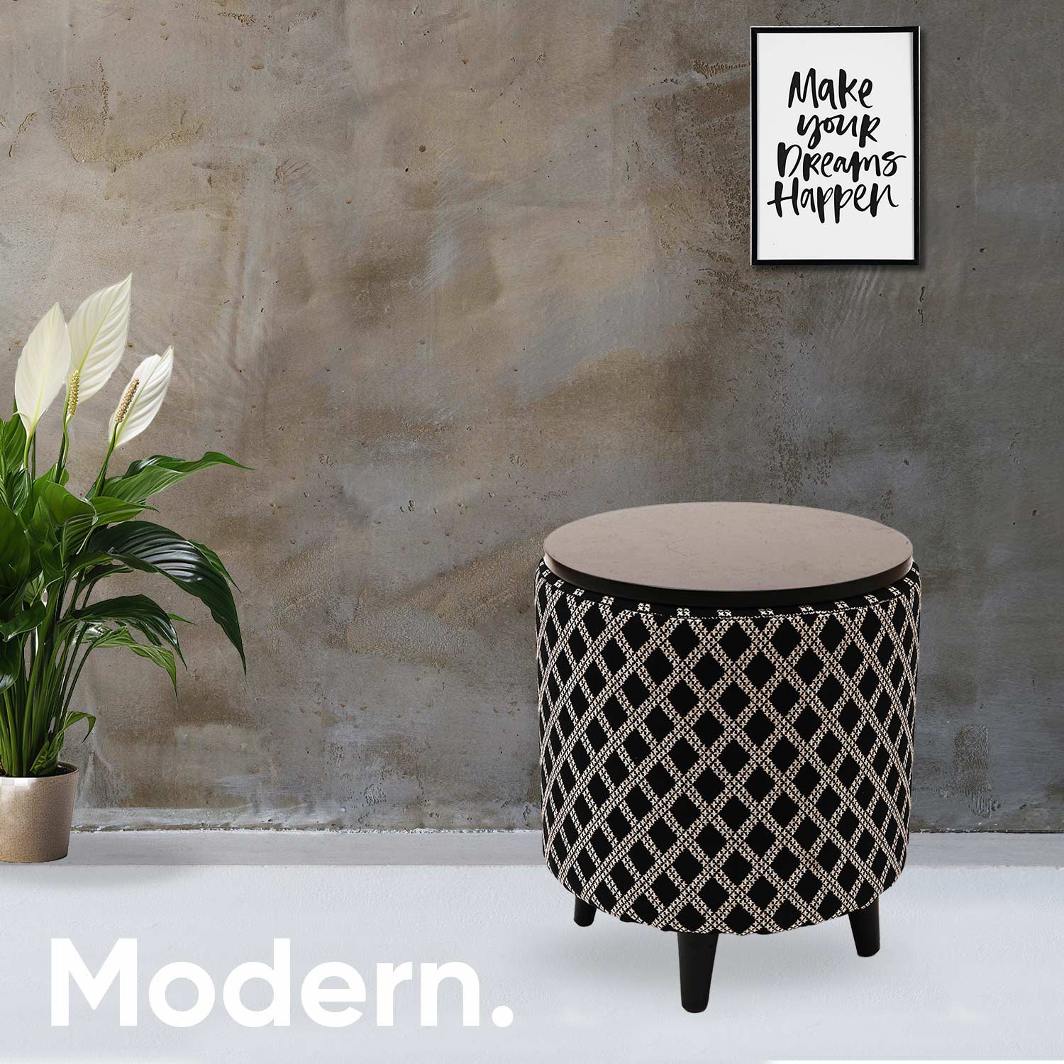 Multifunctional Tetrad Jacquard Wooden Footstool in Black Color