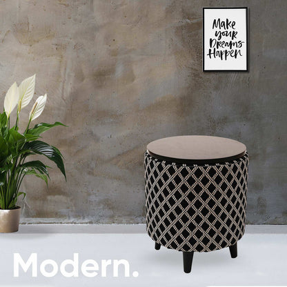 Multifunctional Tetrad Jacquard Wooden Footstool in Black Color