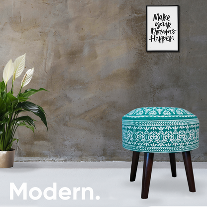 Mandala Wooden Ottoman in Teal Blue Color Set of 2