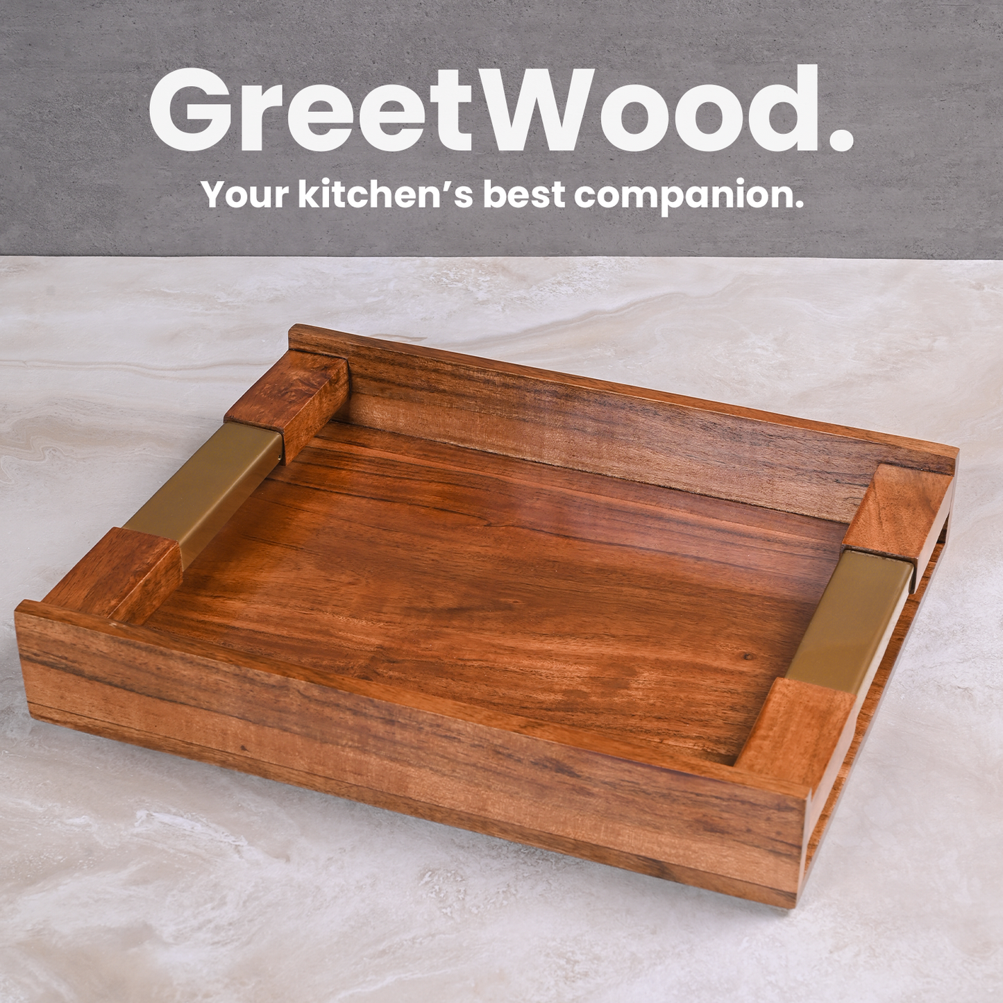 Greetwood Wooden Serving Tray With Brass Inlay Handles