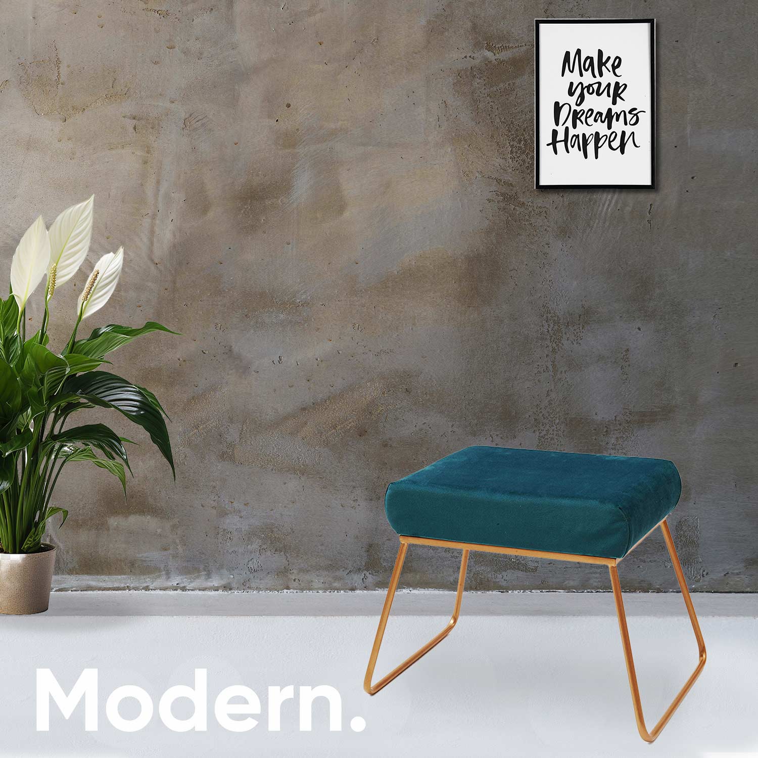 Classy and Compact Golden Metal Stool in Teal Blue Cushion Set of 2
