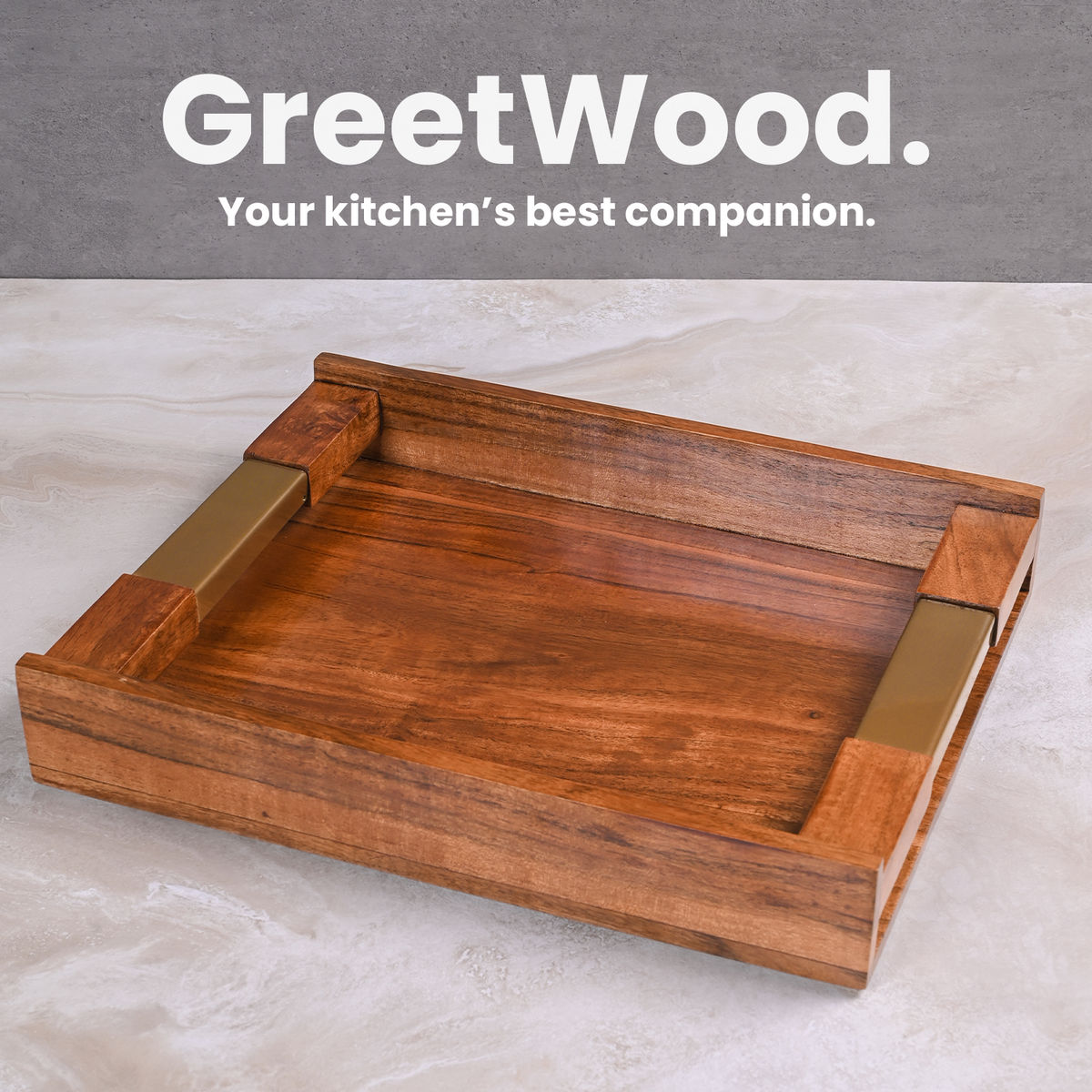 Greetwood Wooden Serving Tray With Brass Inlay Handles