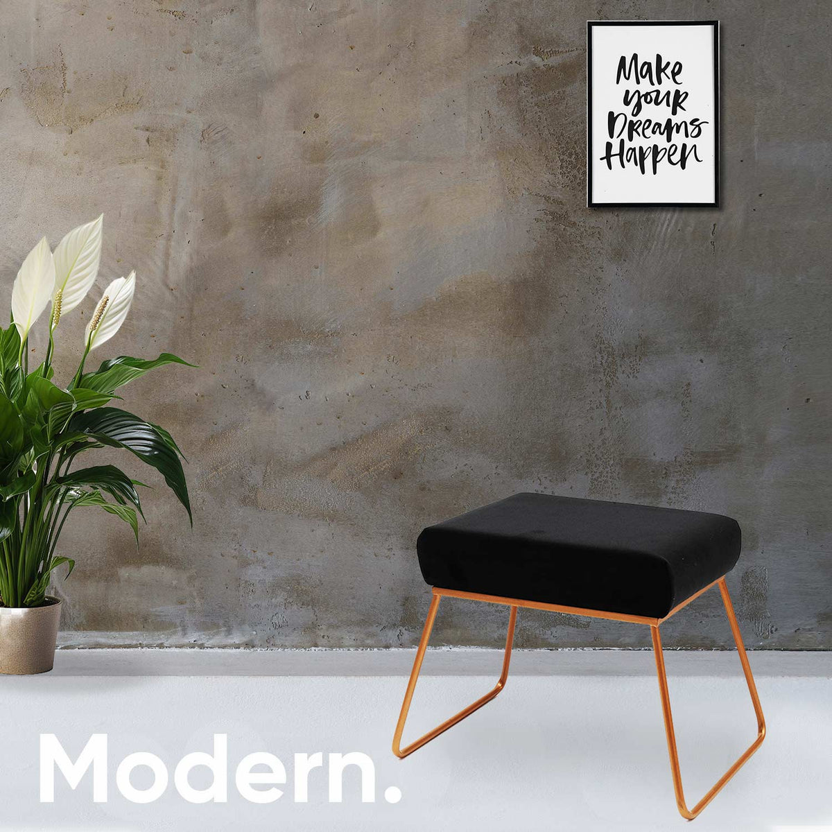 Classy and Compact Rose Gold Metal Stool in Black Cushion Set of 2