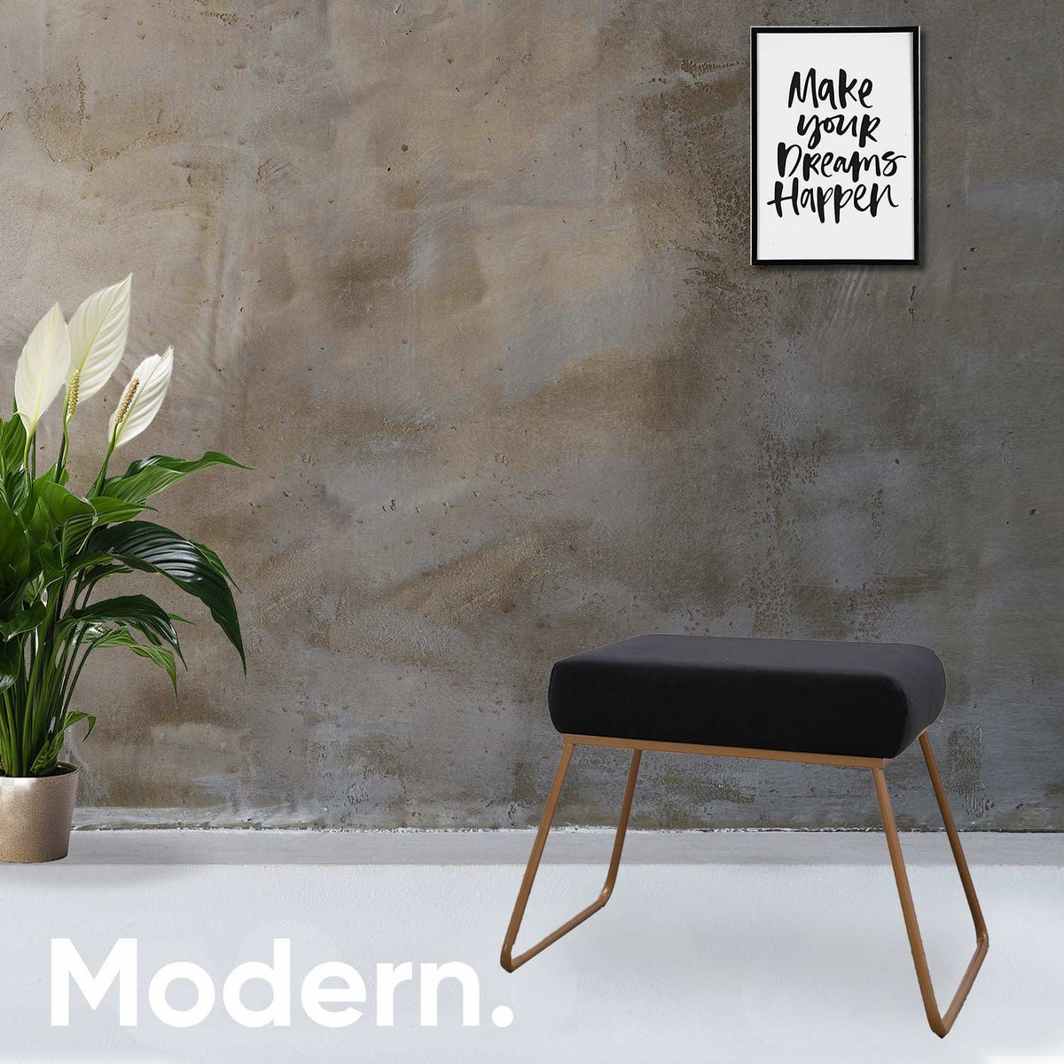 Classy and Compact Golden Metal Stool in Black Cushion Set of 2