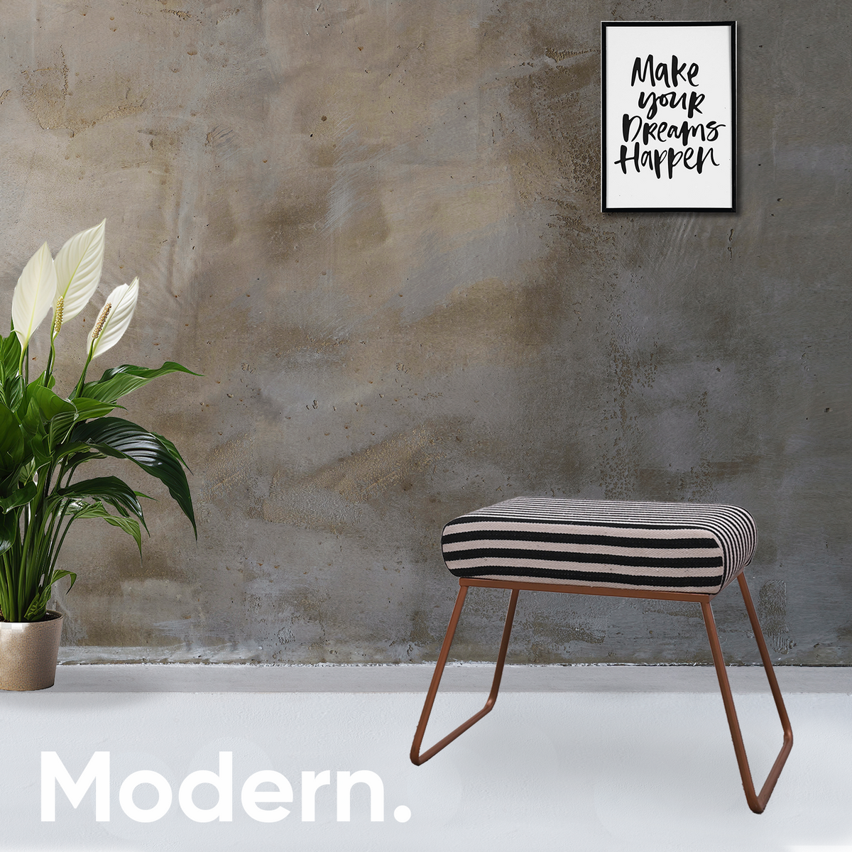 Classy and Compact Rose Gold Metal Stool in Black &amp; White Stripe Set of 2
