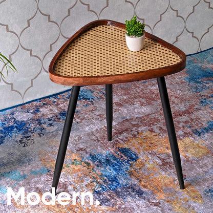 Walnut Triangular Mango Wood Resin Side Table with Metal Legs