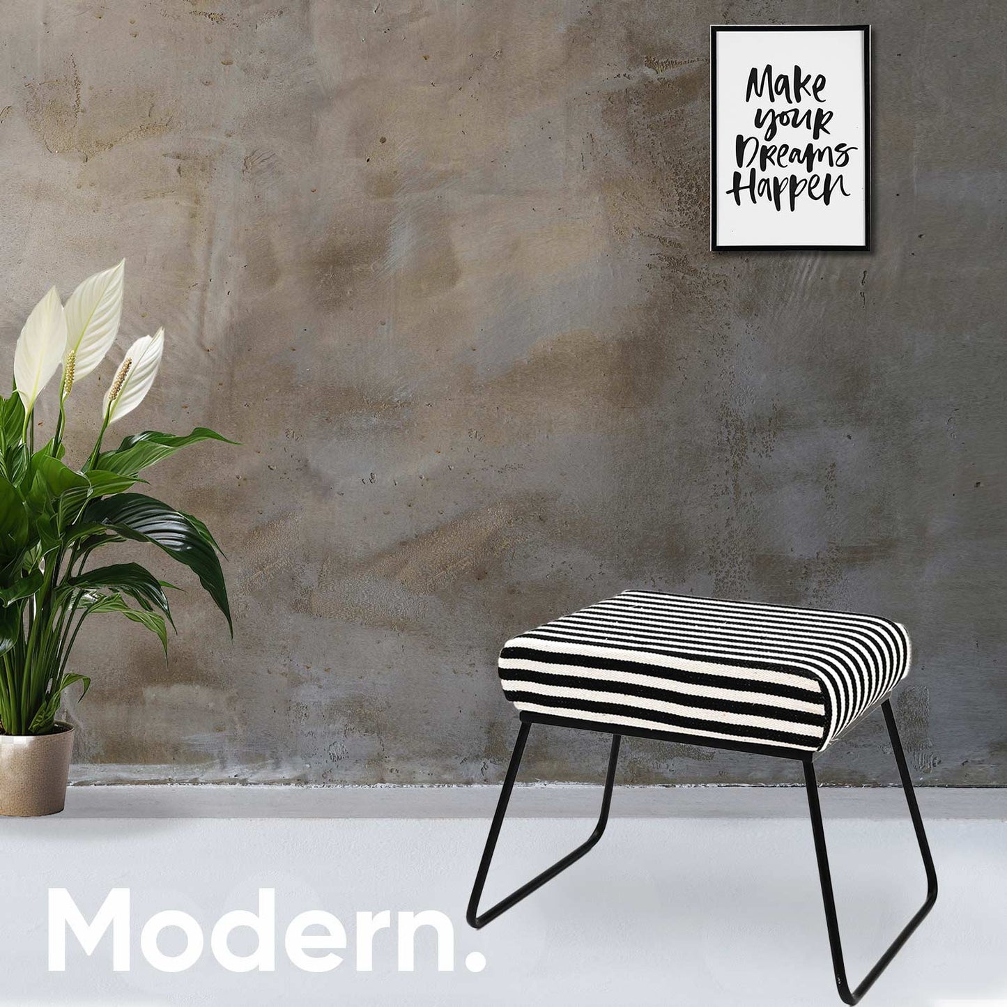 Classy and Compact Matt Black Metal Stool in Black & White Stripe Set of 2