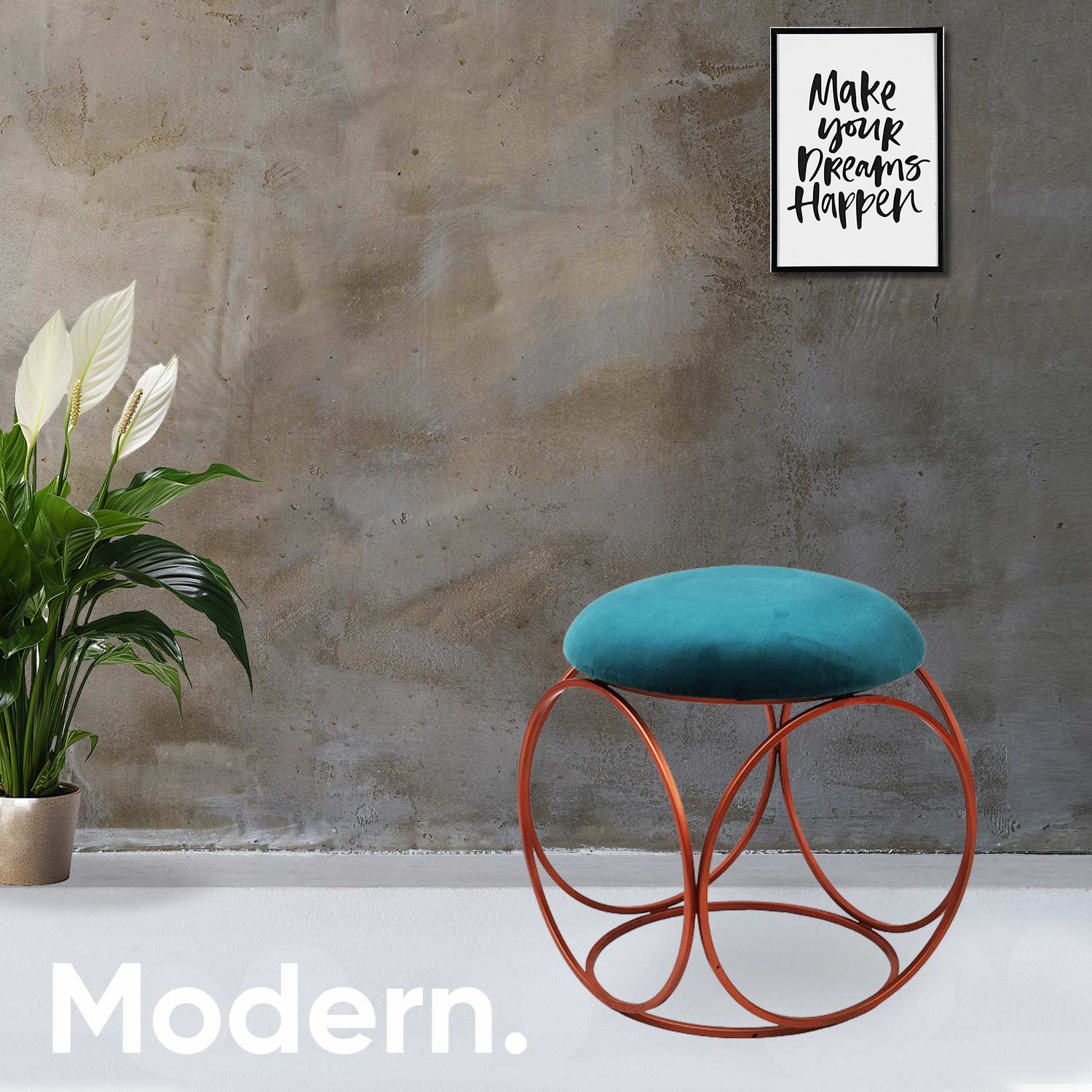 Modern Hexa-Style Rose Gold Metal Stool in Teal Blue Cushion Set of 2