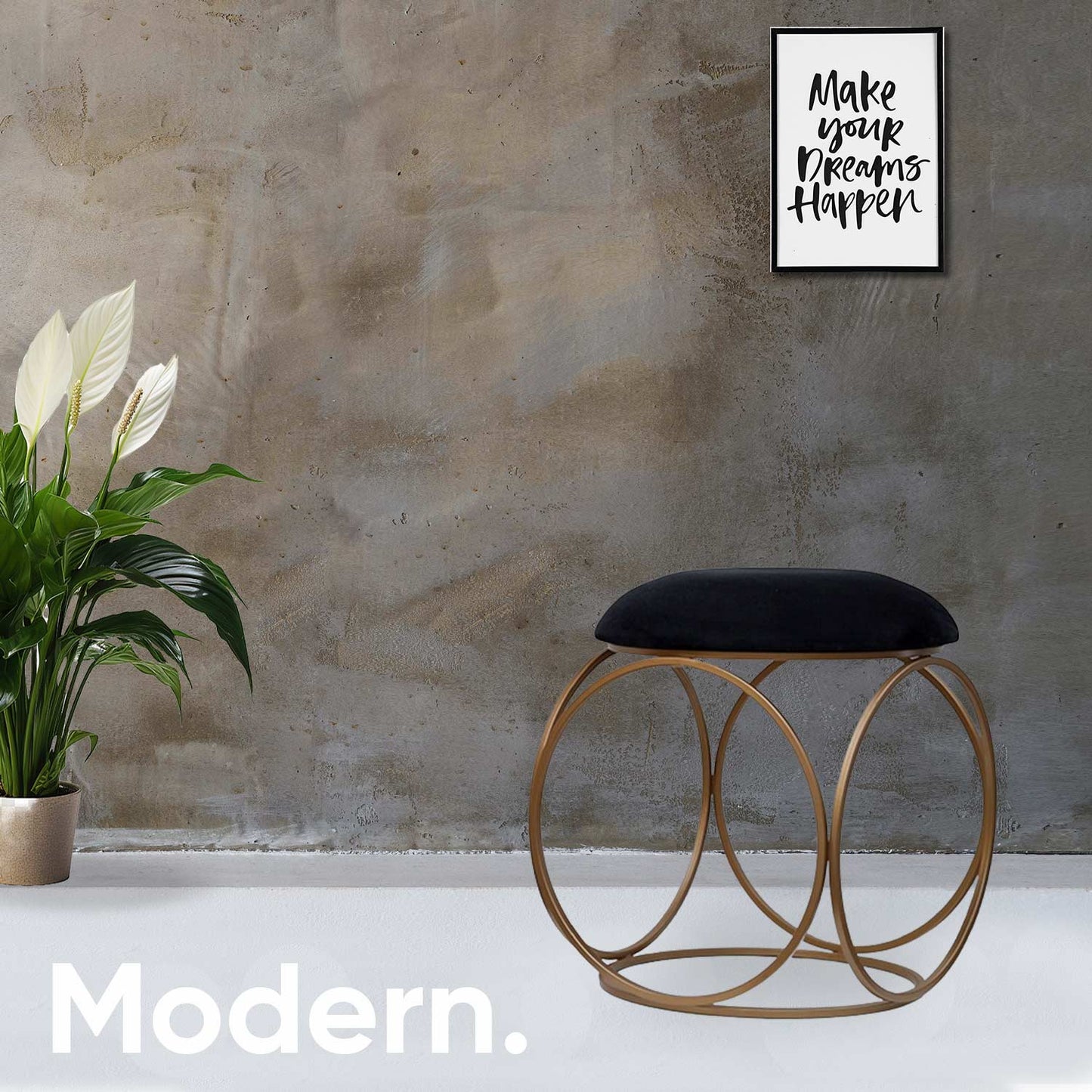 Modern Hexa-Style Golden Metal Stool in Black Cushion