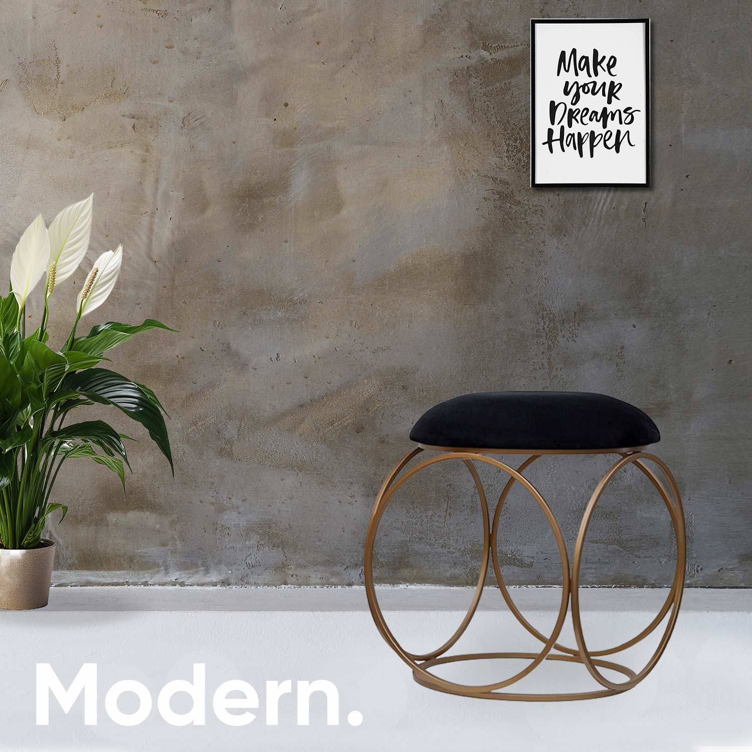 Modern Hexa-Style Golden Metal Stool in Black Cushion