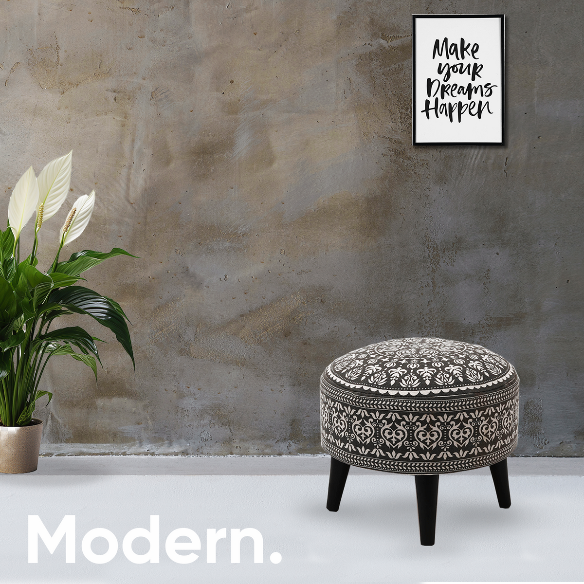 Contemporary Mandala Wooden Tuffet in Grey Color Set of 2