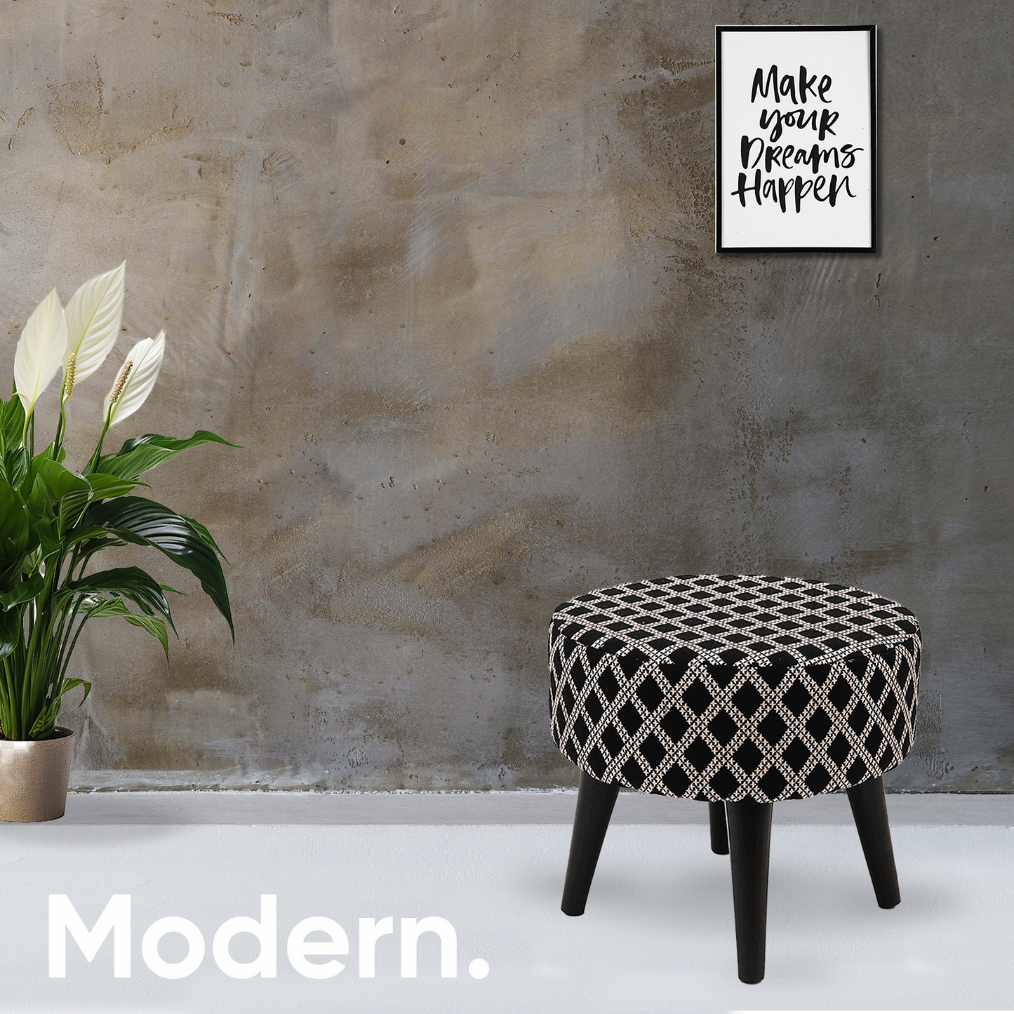 Contemporary Tetrad Jacquard Wooden Tuffet in Black Color
