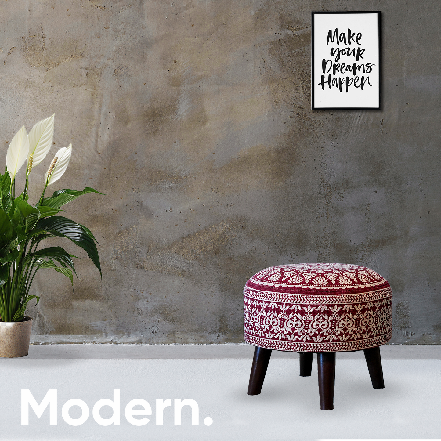 Contemporary Mandala Wooden Tuffet in Cherry Red Color