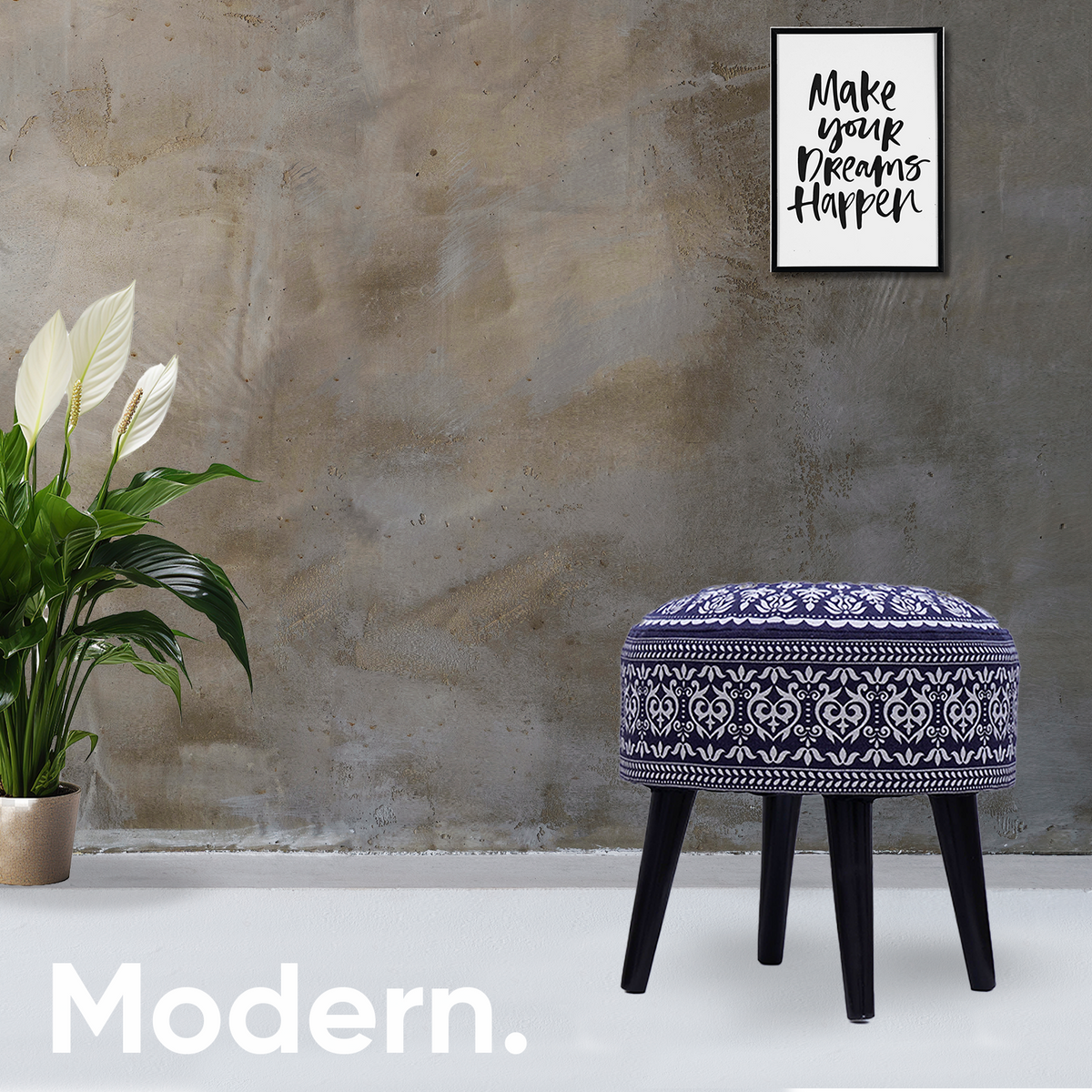 Mandala Wooden Ottoman in Blue Color Set of 1